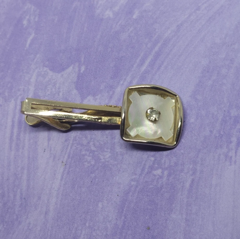 👍5 For $20 Vintage Mother Of Pearl Tie Bar Clip & Cuff Links Set Gold Tone
